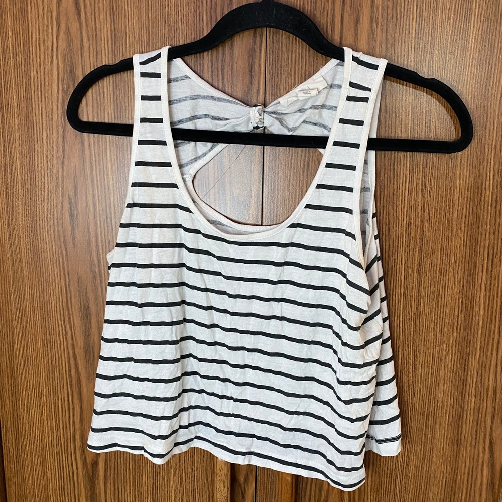 XXI Forever Tank Top Women‎ S White Black Striped Bow Back Keyhole Crop Tank